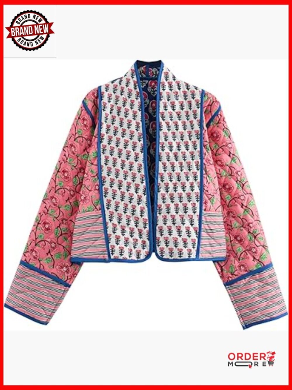 Cropped Puffer Quilted Jacket Cardigan Floral Print Lightweight Long Sleeve
